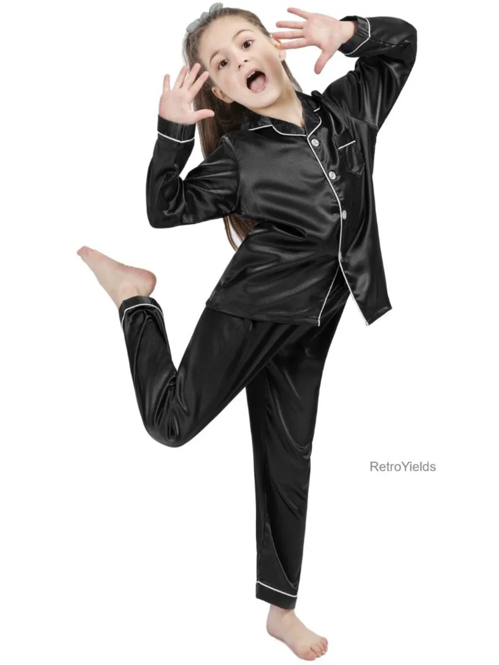 Kids Silk Satin Pajama Set Long Sleeve Button Down Loungewear Sleepwear PJS